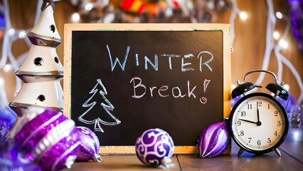 A festive holiday scene with a chalkboard sign that reads winter break surrounded by purple ornaments and an alarm clock on a wooden surface with a blurred background