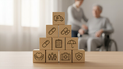 Stacked wooden blocks with icons &mdash; teamwork, collaboration, and modular design concept

