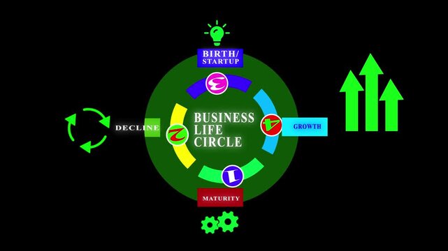 Animated business life cycle diagram showing four stages, birth startup, growth, maturity and decline, with arrows, gears and lightbulb, infographic motion graphics concept