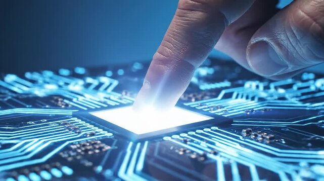 A finger touches a glowing computer chip on a circuit board. The image is bathed in blue light, emphasizing the technological theme.