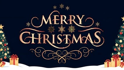 Merry christmas greeting with snow, trees, and gifts on a dark background
