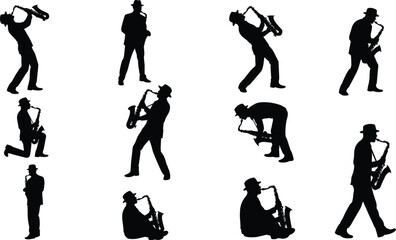 Jazz saxophone player silhouette collection vector illustration set isolated on white background, musician poses, live music performance design elements