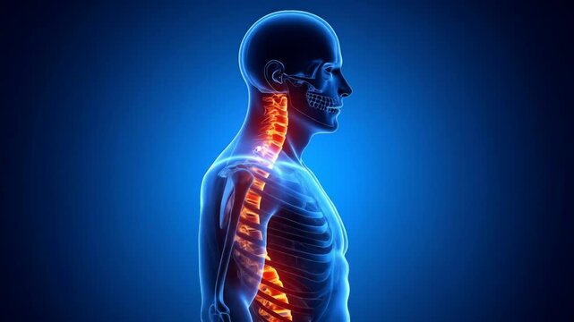 Human spine with glowing pain highlights.