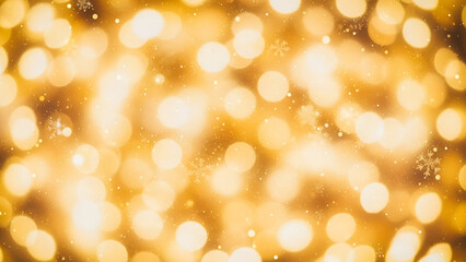 Abstract golden light bokeh background with snowflake accents conjuring festive vibes