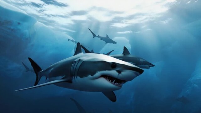 A group of sharks swimming underwater in the ocean with sunlight shining through the surface waters shark video