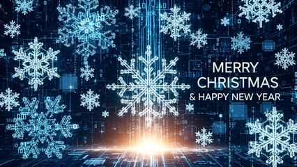 Digital Winter Holiday Greetings with Technology Inspired Snowflake Design and Abstract Tech