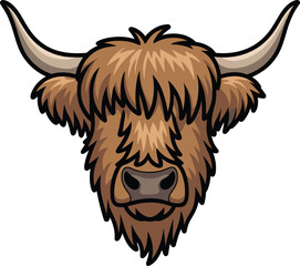 Highland cow illustration, cartoon cow head mascot, shaggy cattle logo, farm animal character, rustic livestock emblem design