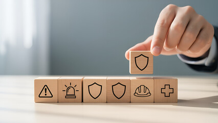Protective Strategy: Wooden Block with Shield Icon Being Placed on a Tiered Block Wall
