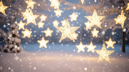 Fototapeta premium Enchanting winter scene adorned with luminous stars and delicate snowfall creating a magical