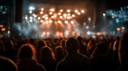 Crowd enjoying live concert with stage lights.