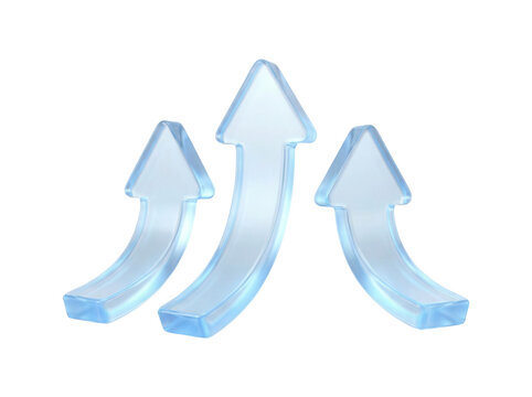 Upward curving translucent pointers with a gentle, arching shape and a soft, glowing blue edge, a 3D glassmorphism arrow icon set isolated on white