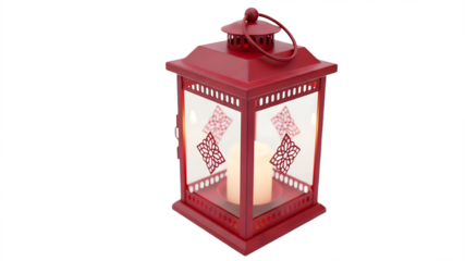 Red Metal Lantern with Lit Candle Inside on Transparent Background