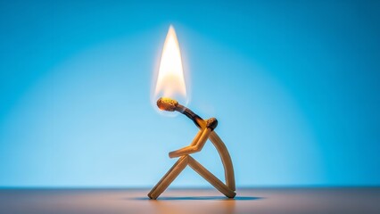 Lit Matchstick in Simple Stand with Bright Flame in Soft Blue Lighting on Wooden Surface for Minimalist