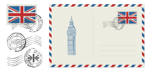 Postage stamp United Kingdom. Rubber postal stamp UK. Vintage illustration in grunge style.