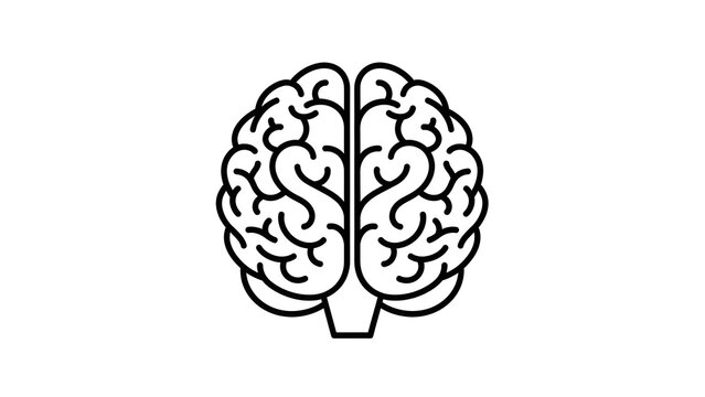 Modern minimalist flat vector illustration of a human brain, front view with a balanced symmetrical outline. Clean monochrome black line art, smooth rounded curves, consistent stroke thickness, white 