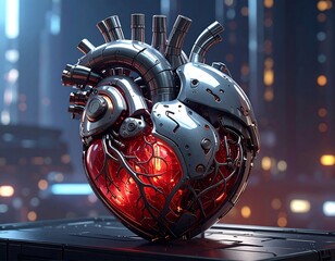 Futuristic mechanical heart with glowing red interior
