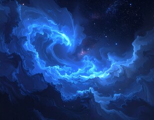 Glowing ethereal blue clouds swirling in a starry night sky