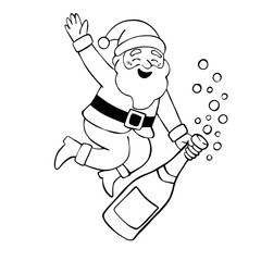 Santa Claus popping champagne bottle line art illustration, Christmas celebration outline
