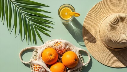 Fresh oranges in straw bag with summer hat and refreshing drink on pastel blue background in soft natural lighting for wellness advertising