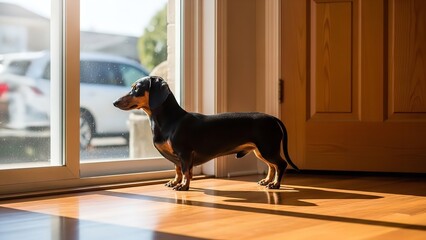 Dachshund standing in warm sunlight on wooden floor near glass door in modern home interior for pet photography