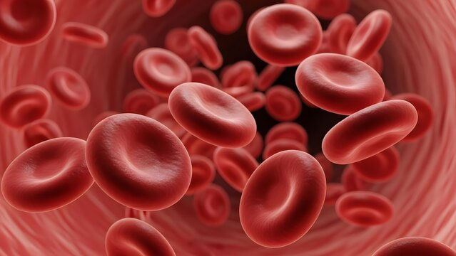 Ultra-detailed 3D render of red blood cells flowing through a human bloodstream. Realistic biconcave erythrocytes with smooth glossy surfaces, deep red color. Cells overlapping and moving dynamically 