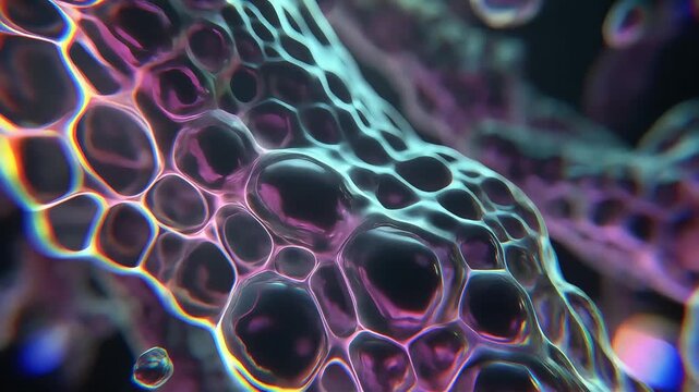 Cinematic microscopic fluid cellular matrix with glowing bioluminescent membranes, hyper-real textures visualizing life, biology, biotechnology, and scientific innovation.