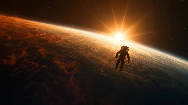 Astronaut floating in space with a stunning view of the earth and sun