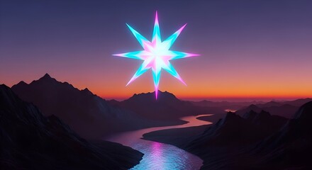 Stunning mountain valley sunset with radiant star shining above, a vibrant and ethereal scene perfect for inspirational and dreamy projects