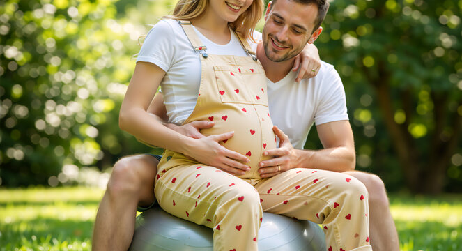 An affectionate expectant couple touching a pregnant belly outdoors. A smiling man and woman sitting together on an exercise ball in a park. Maternity and family concept