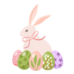 Colorful vector illustration of a pastel bunny with bow sitting next to five decorated Easter eggs in floral and star patterns