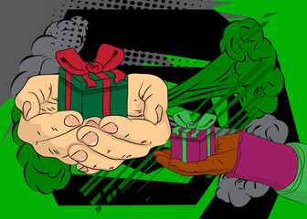 Cartoon, comic book human hands holding Gift Box and number 2026. Retro vector comics pop art design.