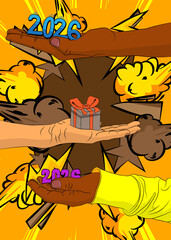Cartoon, comic book human hands holding Gift Box and number 2026. Retro vector comics pop art design.