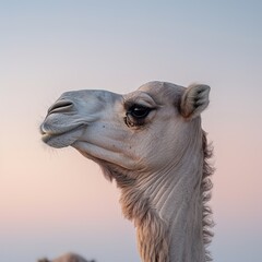 Obraz premium Close-up of a camel's face against a serene desert sunset background