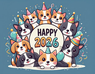 Fototapeta premium Pet-inclusive celebration- cute dogs and cats wearing party hats around -Happy new year 2026