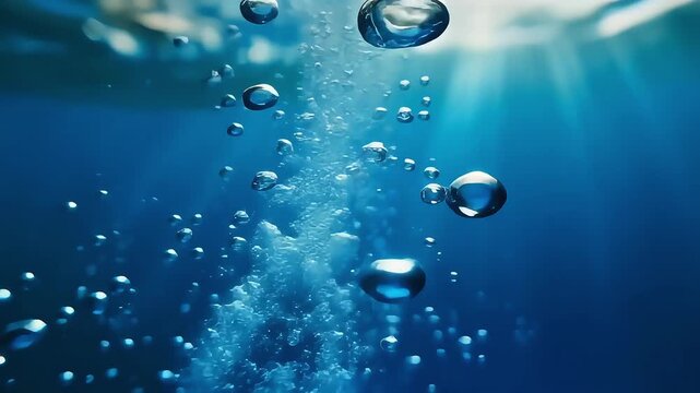 Cinematic crystal-clear micro bubbles rising in smooth calm drift with cool sapphire gradients, creating a clean spa-grade wellness, hydration, and skincare background.