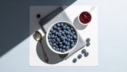 Blueberries in a bowl with spoon and jam in soft natural lighting for healthy eating