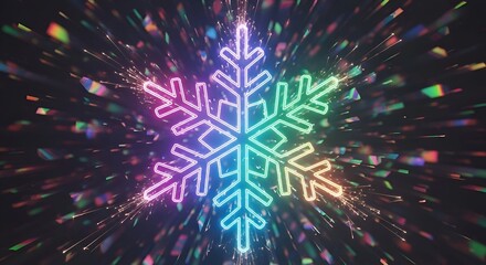 Sparkling snowflake with vibrant neon colors on a dark background, radiating festive joy and holiday magic for your seasonal designs