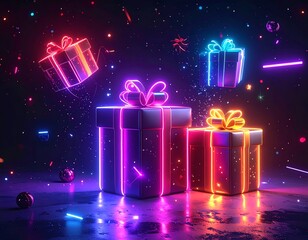 Glowing neon gift boxes floating in a dark, confetti-filled space