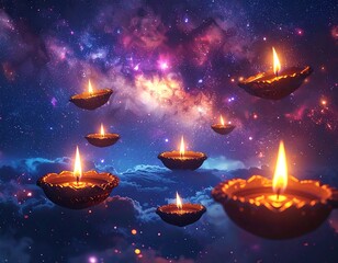 Glowing oil lamps float against a vibrant nebula backdrop