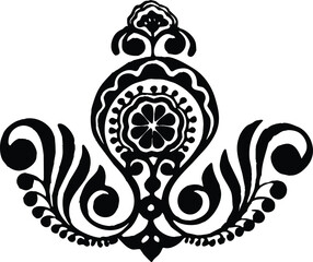 Black and white ornamental floral design element in traditional folk art style