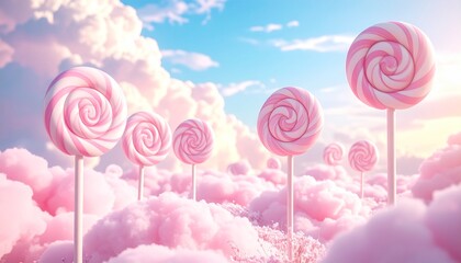 Whimsical Candy Land with Pink Lollipops and Fluffy Cotton Candy Landscape