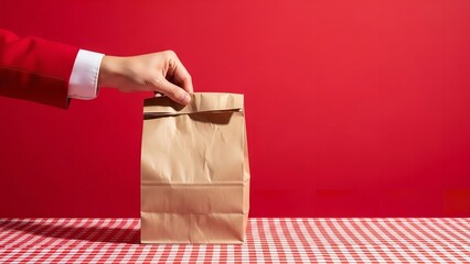 Hand holding brown paper bag on red and white striped tablecloth against red background in minimalist style with soft natural lighting for food delivery
