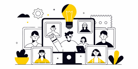 Online collaboration and innovative ideas visualized through digital devices and teamwork