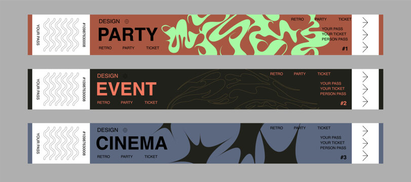 Control ticket bracelets for events, disco, festival, fan zone, party, staff. Vector mockup of a festival bracelet in a futuristic y2k style.	
