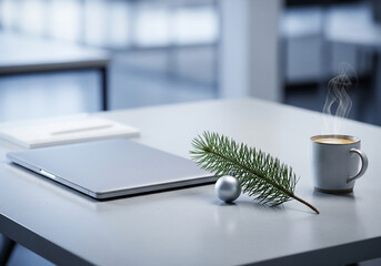 Winter wellness and self-care concept featuring a stack of clean white towels, a steaming aroma diffuser, and a pine branch with a Christmas ornament for a festive spa setting.
