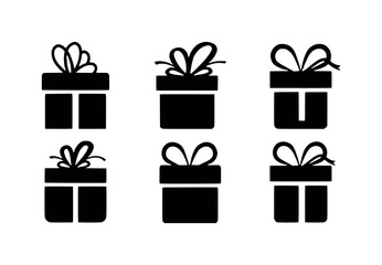 Collection of Six Black Silhouette Gift Boxes with Ribbons on White Background