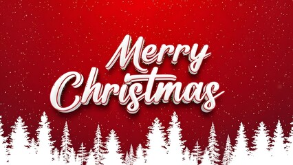 Merry christmas greeting with snow falling on trees and red background
