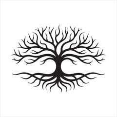 Black tree of life spreading roots and branches vector design