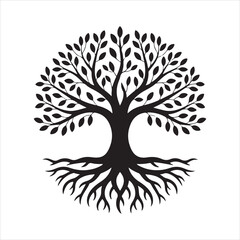 Vector black tree of live icon on white background. Silhouette vector of tree and root with black white color