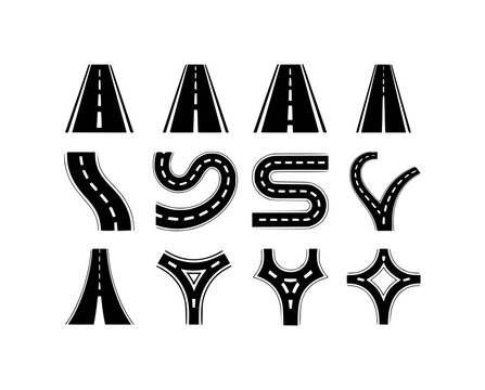 Collection of stylized road and highway icons with various turns and intersections
